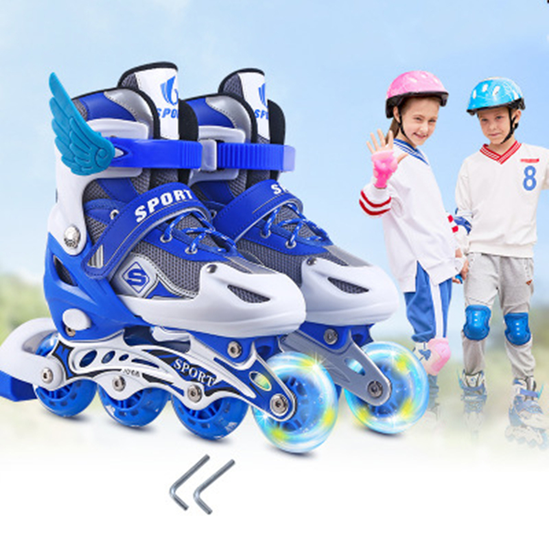 Udendørs sportsskøjter rullelinje justerbare børnetracer til børn drenge piger klinge lysende hjul rulleskøjter sko: Blå / Eur 27-33