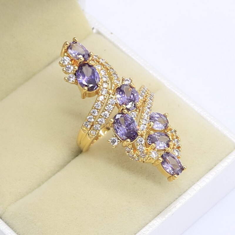 Charmante paarse zirkoon gouden sieraden sets voor vrouwen bruiloft oorbellen ketting hanger ringen doos
