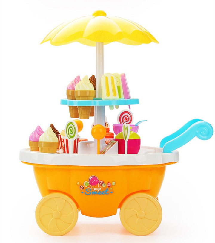 [Funny] Play House Game Kitchen Toys electronic Candy Ice Cream lollipop retail Stroller car with light music toy baby girl: Yellow