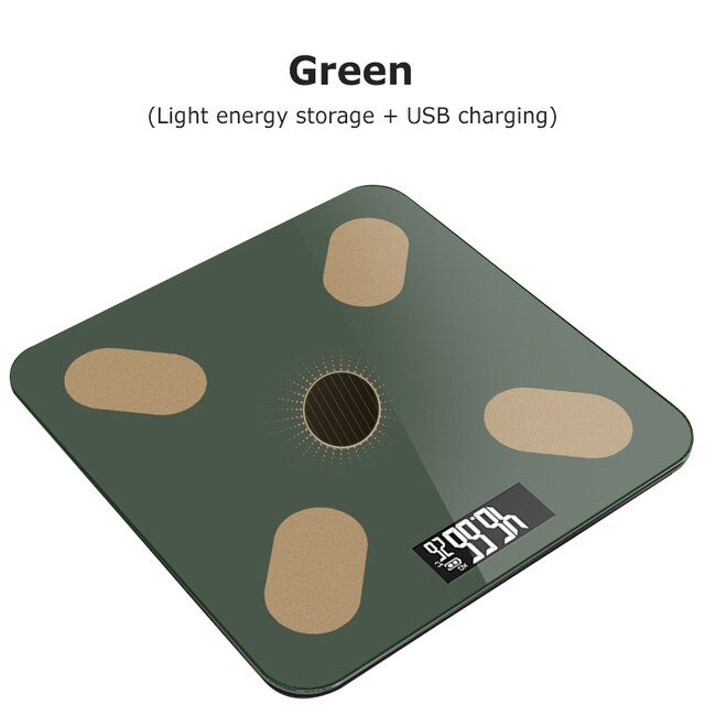 Nouvelle échelle de poids électronique Bluetooth Smart APP analyseur de mesure de graisse de santé humaine balance professionnelle de bio-impédance charge USB solaire: green