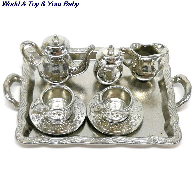 10Pcs/set Doll House Miniature Metal Tea Doll House Furniture Miniature Dining Ware Toy Teapot Cup Plate: Silver