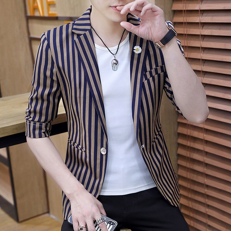 Summer Blazer Masculino Short Sleeve Striped Men Blazers Wedding Business Casual Suit Jacket Streetwear Social Men Clothing