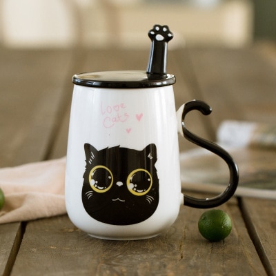 500ml tegneserie 3d kat keramik krus med låg og ske mælk kaffe te kop porcelæn krus valentinsdag