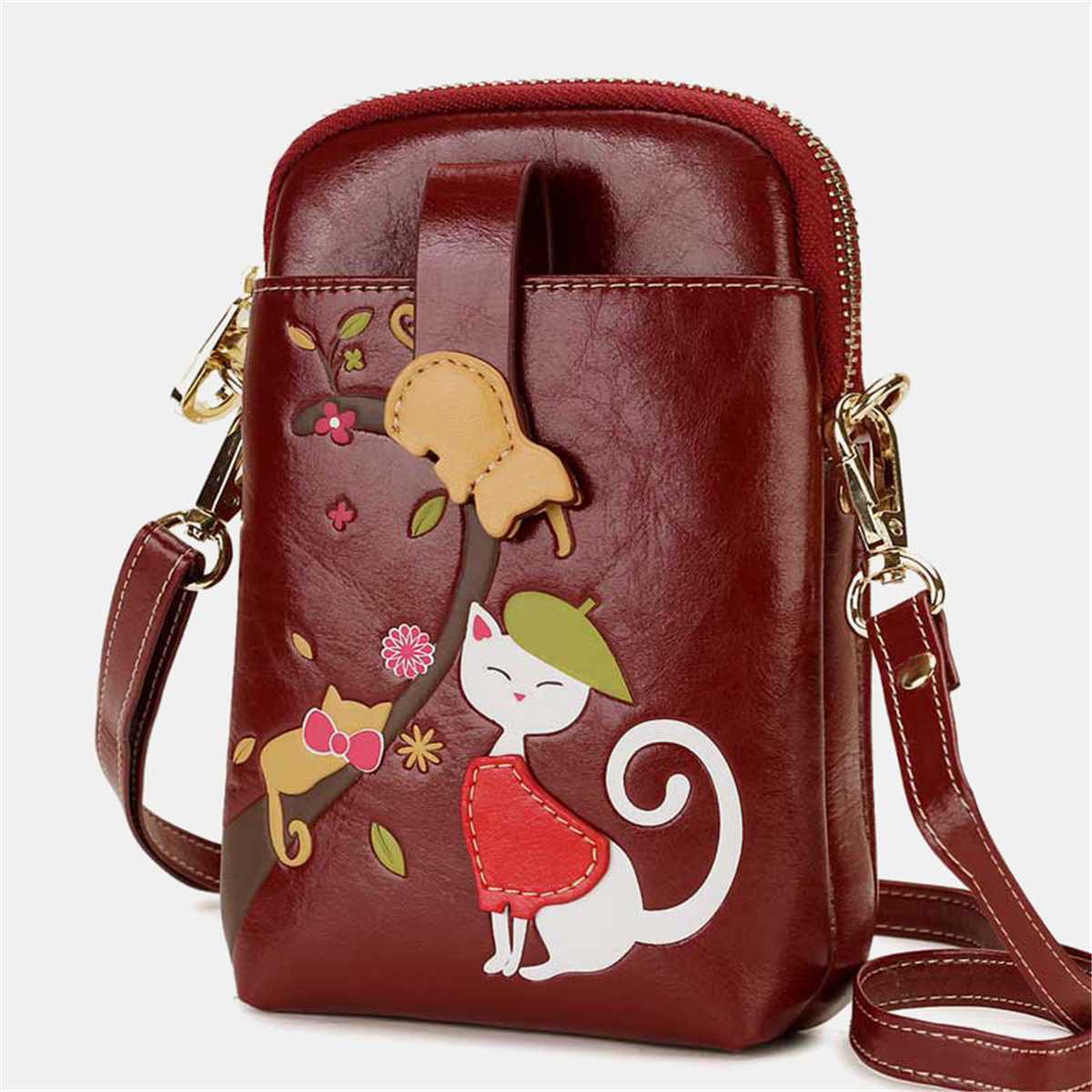 Aequeen Cute Cat Mobile Phone Mini Bags Small Clutches Shoulder Bag PU Leather Women Handbag Clutch Purse Messenger Bag