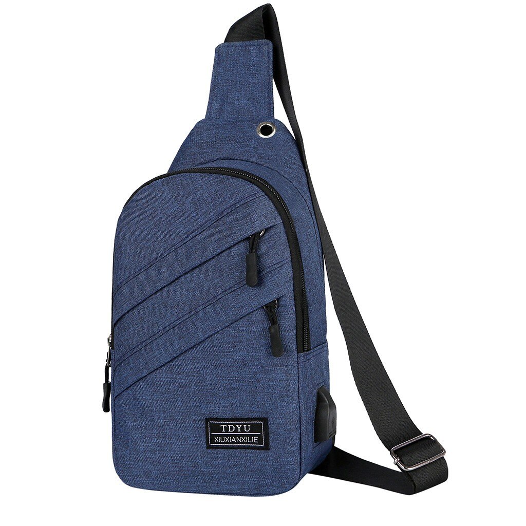 Männer Schulter Tasche Sling Brust Pack Leinwand USB Lade Sport Crossbody Handtasche Männlichen Brust Taschen Gürtel Taille Reisetaschen # L20: Blau