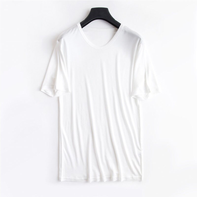 LVFAN Men&#39;s 100% Nature silk Sleep Tops Male Sleepwear Short Sleeve Solid Loose Plus Size Knitted Camisole Round neck TShirt