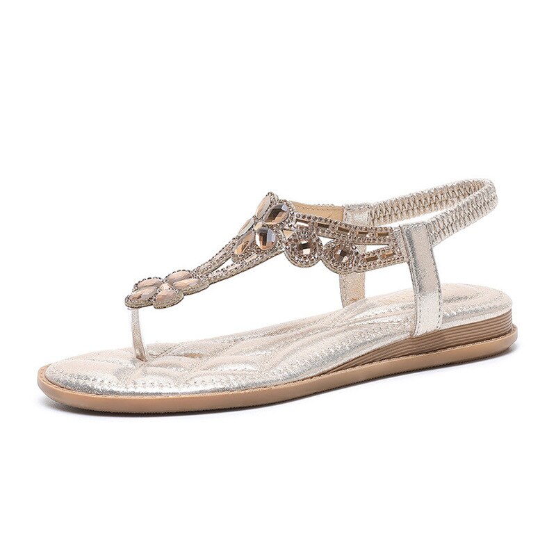 Rhinestone sandals flat heel hollow boho comfort women's flip-flops beach soft sandals elastic band