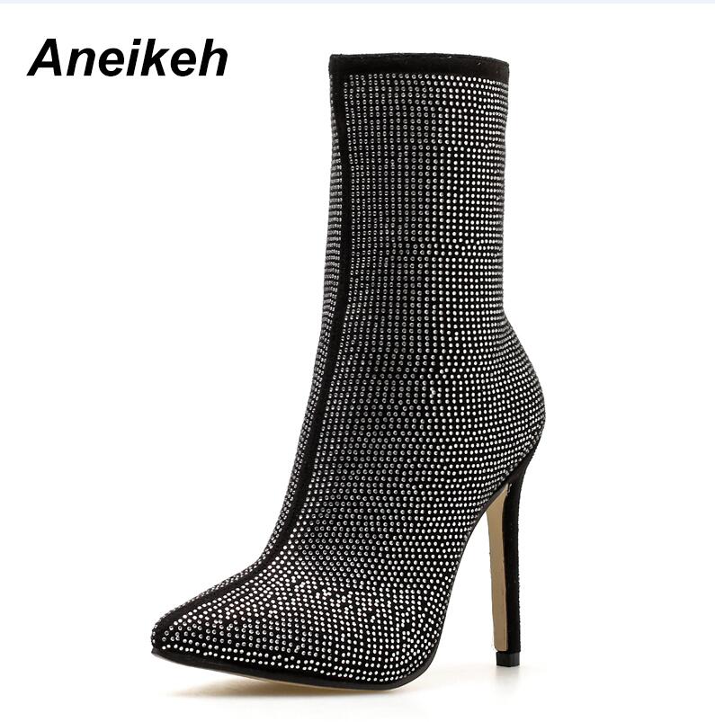 Aneikeh höst glitter skor höga dam ankelboots strass spetsig tå tunna klackar chelsea boots skor stl 35-40: Svart / 6
