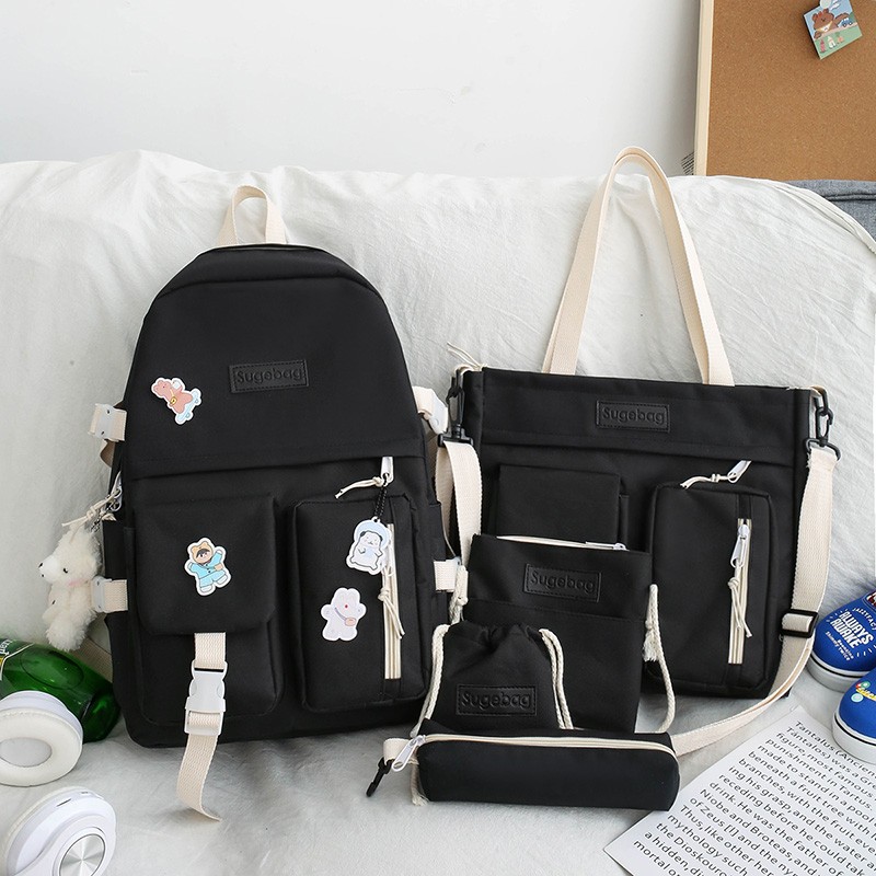 4Pcs Kawaii School Rugzakken Combo Leuke Bloem Hanger Esthetische Canvas Schooltas Boekentas Terug Naar Schoolbenodigdheden Dagrugzak, Groen, Large, Klassiek