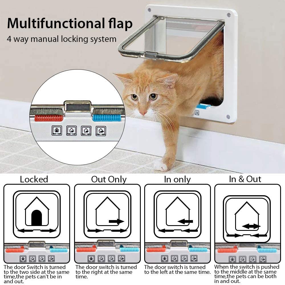 Cat Flap Door with 4 Way Lock Security Flap Door for Dog Cat Kitten Small Pet Gate Door Kit Cat Door
