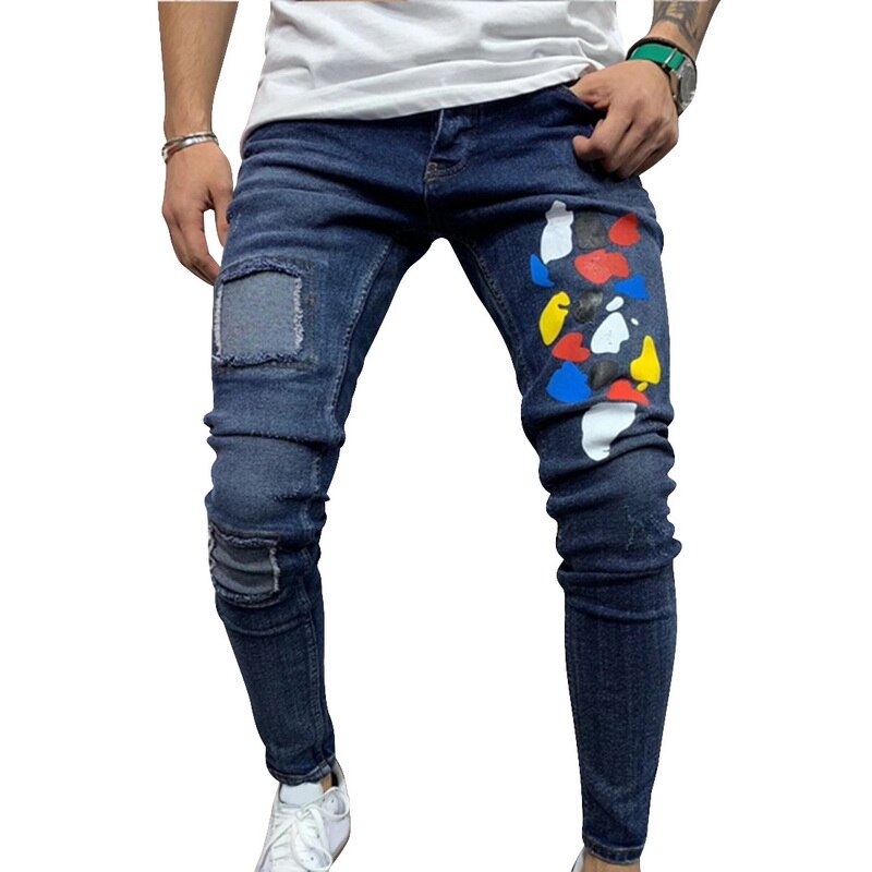 HEFLASHOR hommes déchiré jean coupe ajustée Denim pantalon motard Hip Hop jean trou scotché coloré point imprimé maigre en détresse Denim pantalon: blue 2 / M