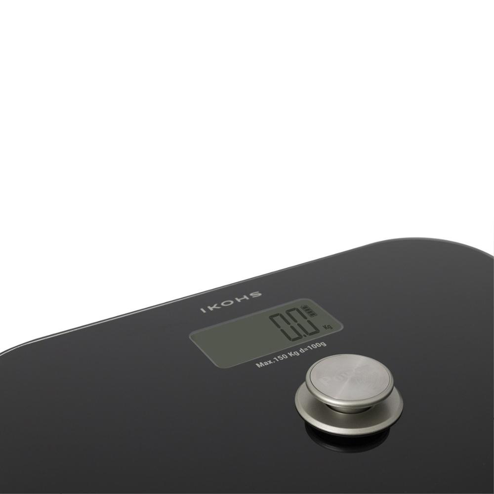 IKOHS Exiges báscula de baño bascula digital peso corporal sin Pilas negro y blanco Peso Max 150KG Garantía 2 Años apagado automático, reinicio automático (a cero) e indicación de sobrecarga