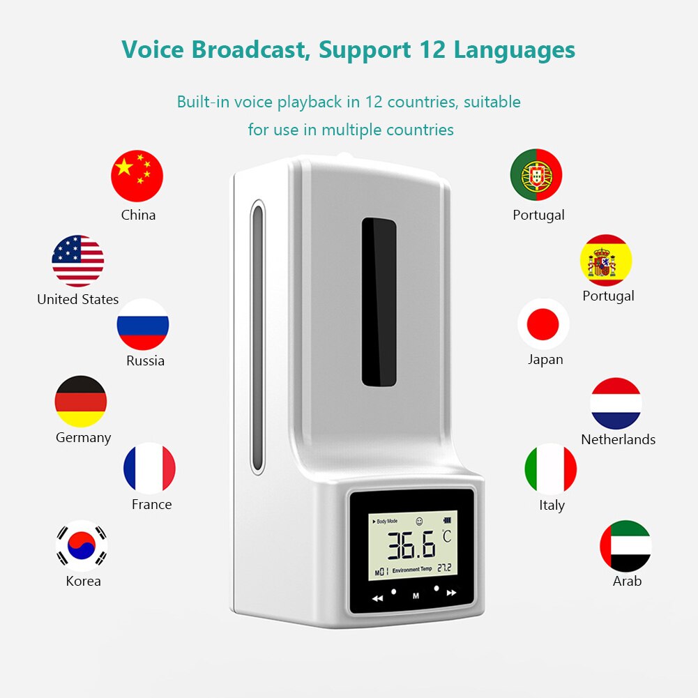 2 in 1 Automatic Soap Dispenser Pump Bathroom Wall Mounted Automatic Hand Sanitizer Dispenser with Infrared Thermometer