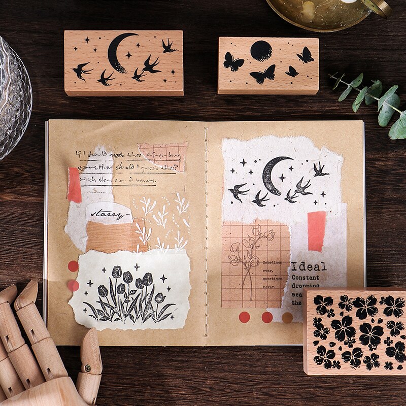 Moon Tulip Wooden Rubber Stamps Decorative Flower Wood Mounted Rubber Seal Stamp For Diy Craft Diary And Craft Scrapboking