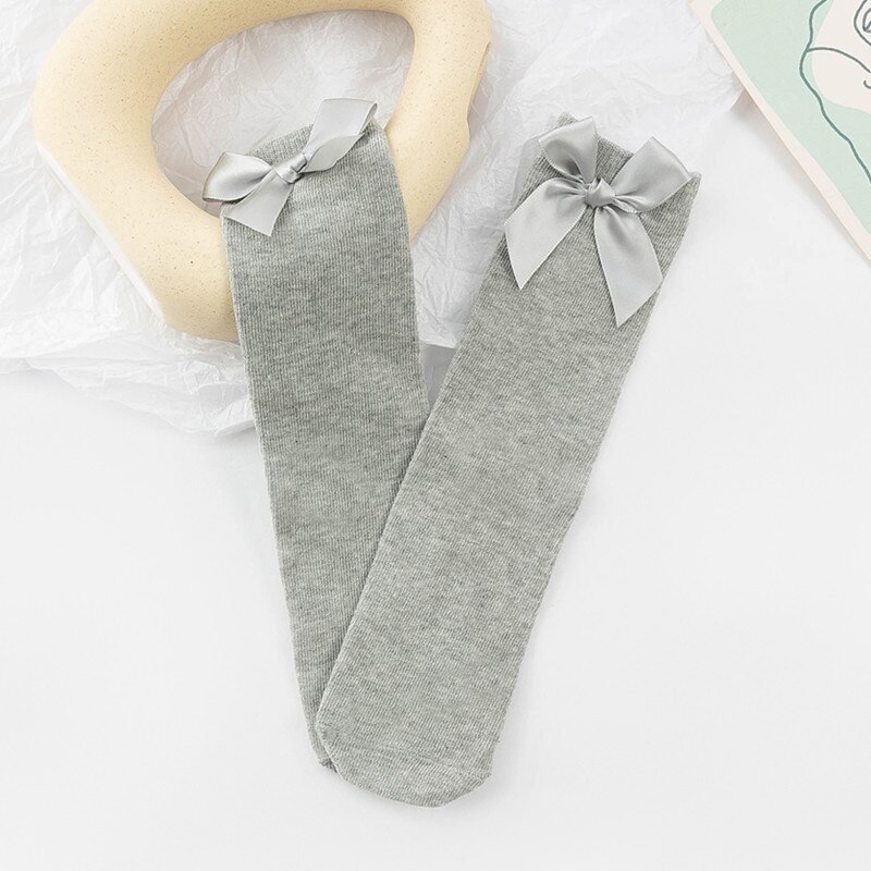 Effen Kleur Lente Zomer Baby Peuter Kinderen Sokken Zachte Katoenen Baby Meisje Sokken Leuke Bows Prinses Meisje Kniekousen: gray