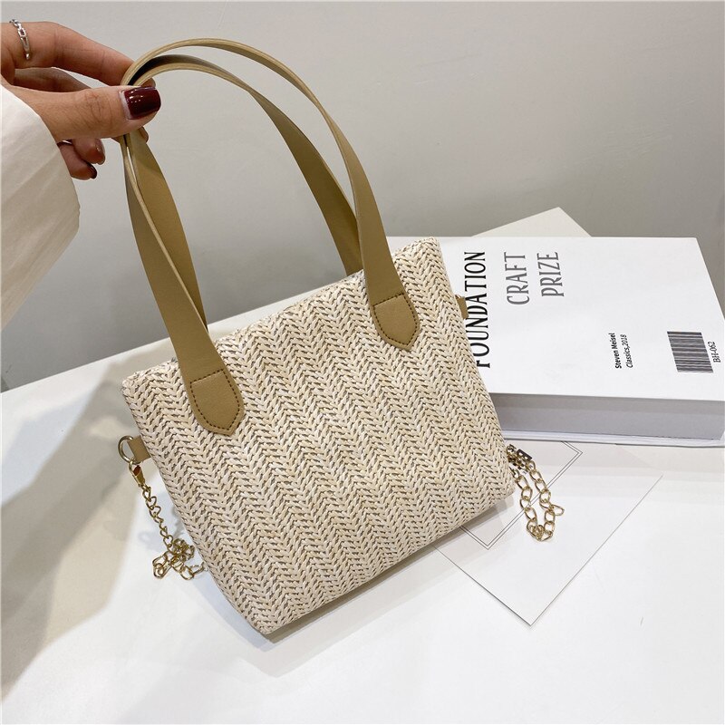 Koreaanse Tas Lente Eenvoudige Mode Geweven Kleine Tas Draagbare Een Schouder Strandtas: Beige