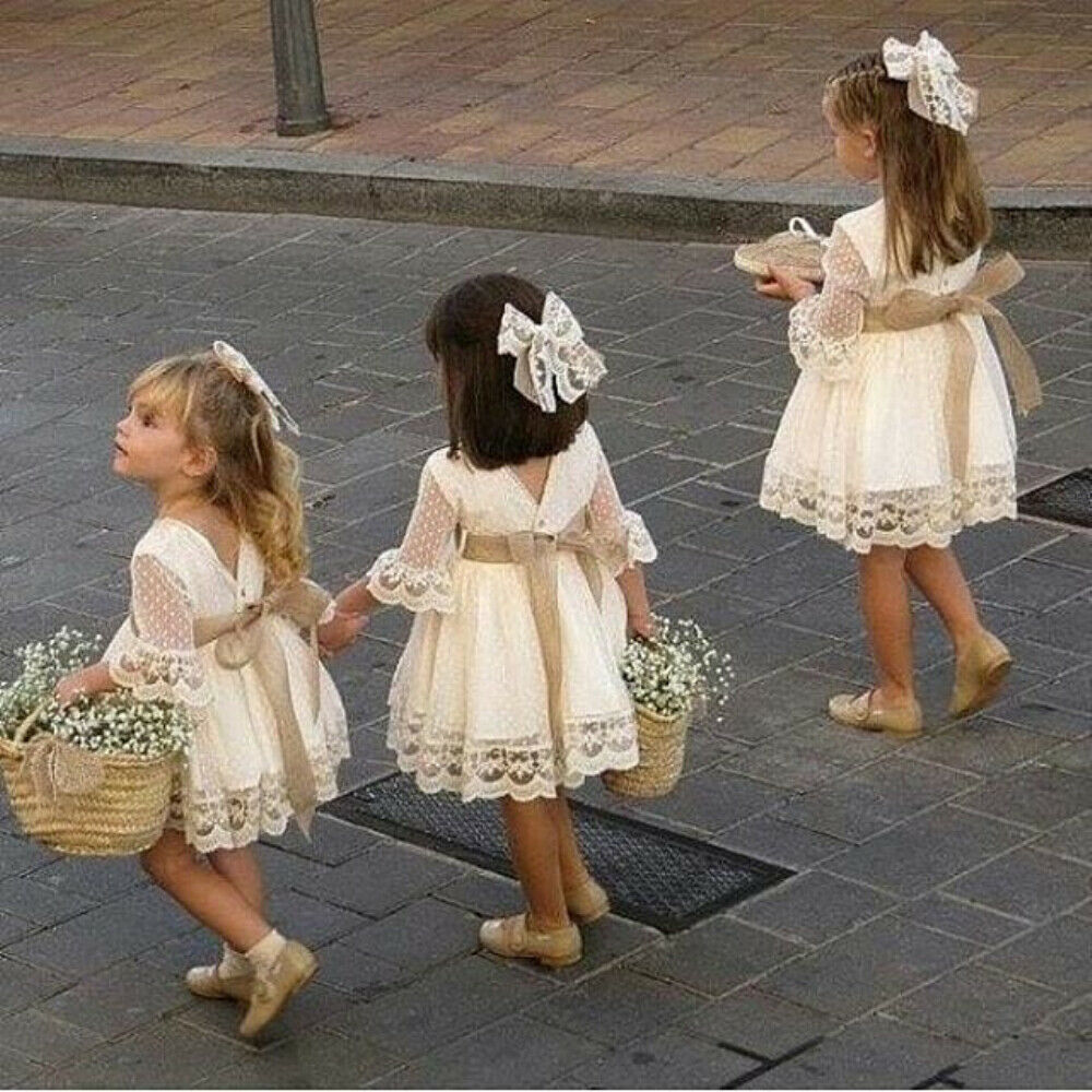 Vestido blanco de dama de honor de primavera para niñas. Vestidos de boda princesa con lazo de manga larga y encaje hasta la rodilla para niñas.