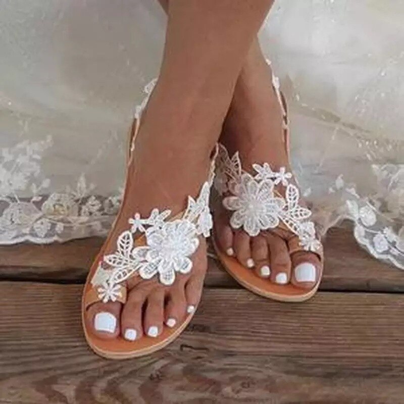 Sommer kvinder flade strand sandaler gladiator hvide blonder damer bryllupssko åben tå romersk sandalias mujer