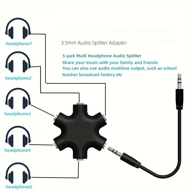 Répartiteur Audio 3.5mm avec câble adaptateur, 1 mâle à 5 femelles, câble séparateur Audio pour écouteurs, convertisseur de sortie sonore Aux multi-ports