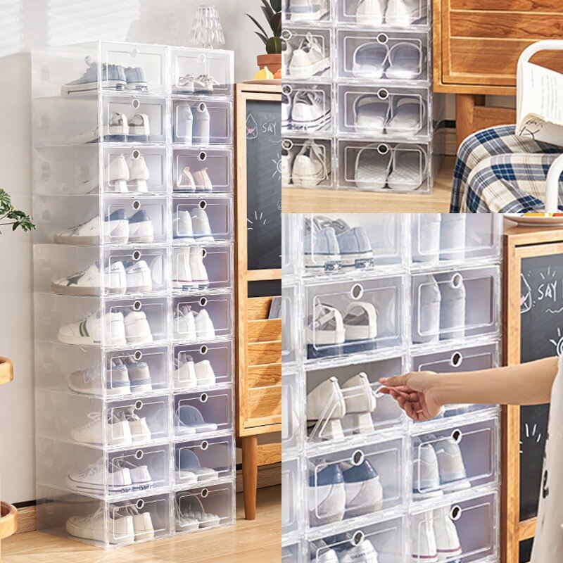 Caja de zapatos transparente de 1-12 piezas, conjunto de almacenamiento plegable de plástico transparente para puerta, organizador de armario para el hogar, caja de estante,