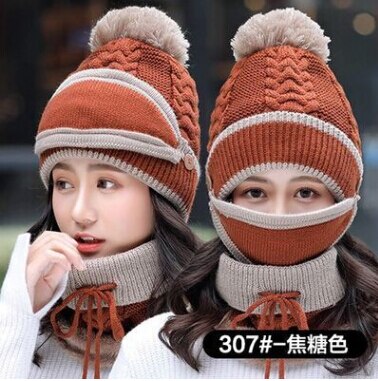 Efterår vinter kvinders hat kasketter strikket varmt tørklæde vindtæt multifunktionel hat tørklæde sæt tøj tilbehør dragt: Karamel