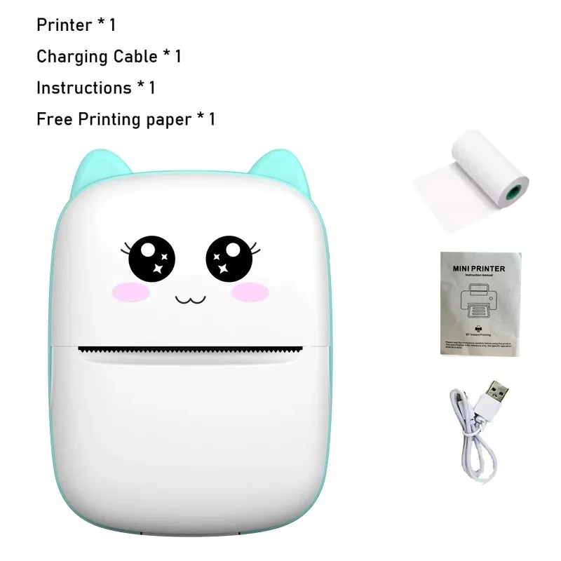 Portable thermal printer mini cat print photo pocket thermal label printer 58mm printing wireless Bluetooth Android iOS printers: WHITE