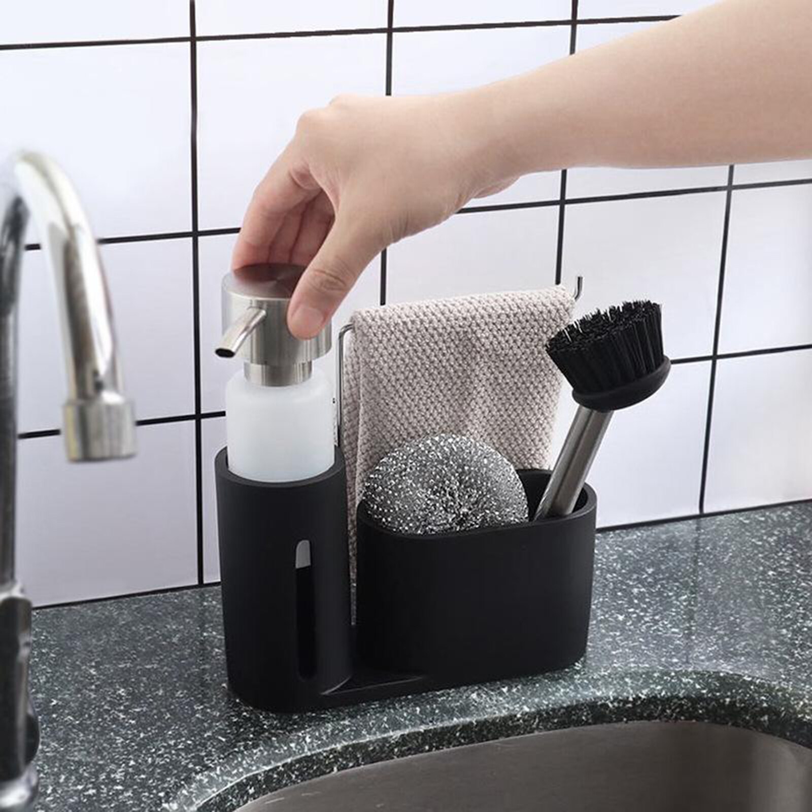 Multi-Function Kitchen Cleaning Kit Soap Dispenser Steel Ball Dishwashing Brush Rag Storage Holder Caddy for Sink Countertop
