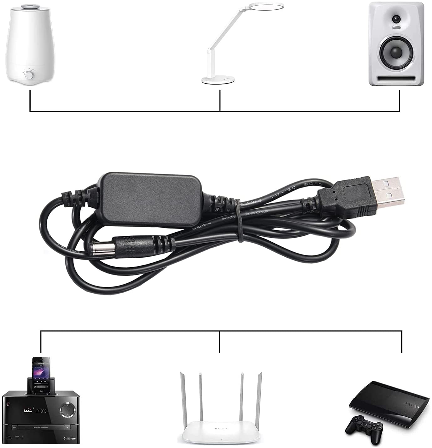 Câble d'alimentation de convertisseur USB 5V à cc 12V + 8 connecteurs, adaptateur USB à cc (moins de 2A Max pour 8Watts)