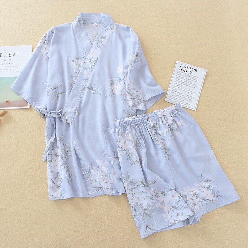 Zomer Japanse Stijl V-hals Pyjama Set Comfort Gaas Katoen Korte Mouw + Shorts 2 Stuks Homewear Vrouwen Zoete casual Wear: blue floral / L