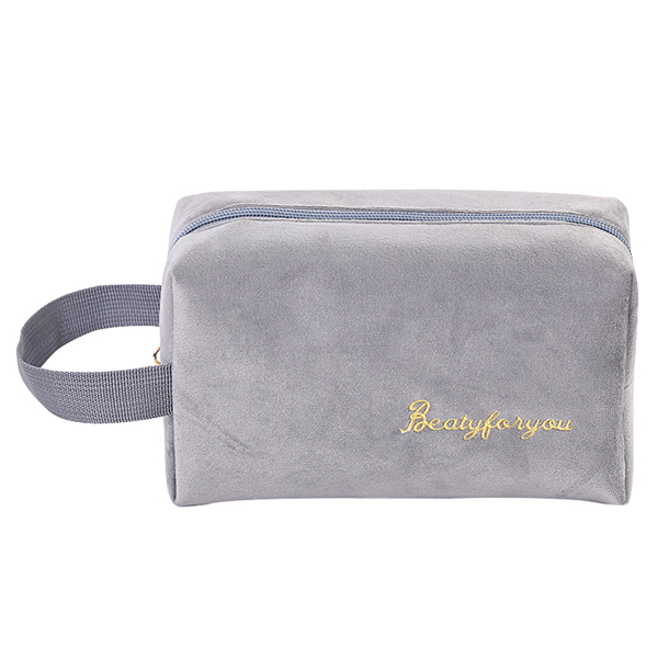 PURDORED 1 Pc Solid Color Cosmetic Bag Soft Velvet Women Make Up Bag Travel Makeup Storage Organizer Toiletry Wash Bag Neceser: L gray