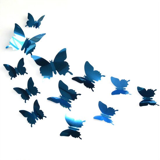 Espejo de mariposa 3D para decoración de la habitación de los niños, pegatina de pared, arte extraíble, decoración de boda, cristal, 12 unids/lote: Azul