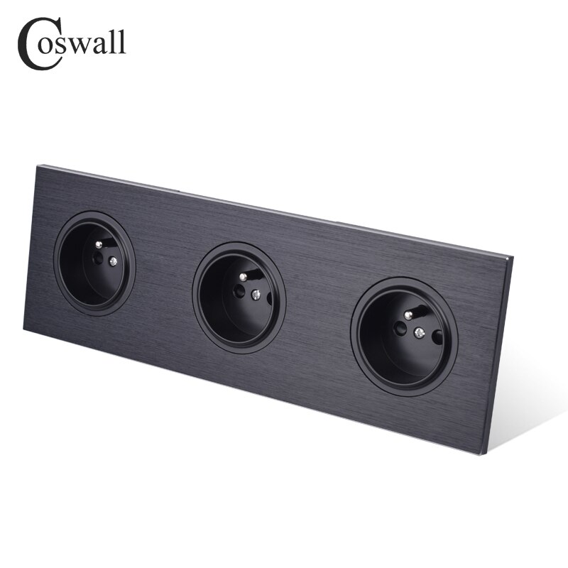 Coswall svart / silvergrå borstad aluminium metall panel trippel fransk standard vägguttag jordad med barnskydd