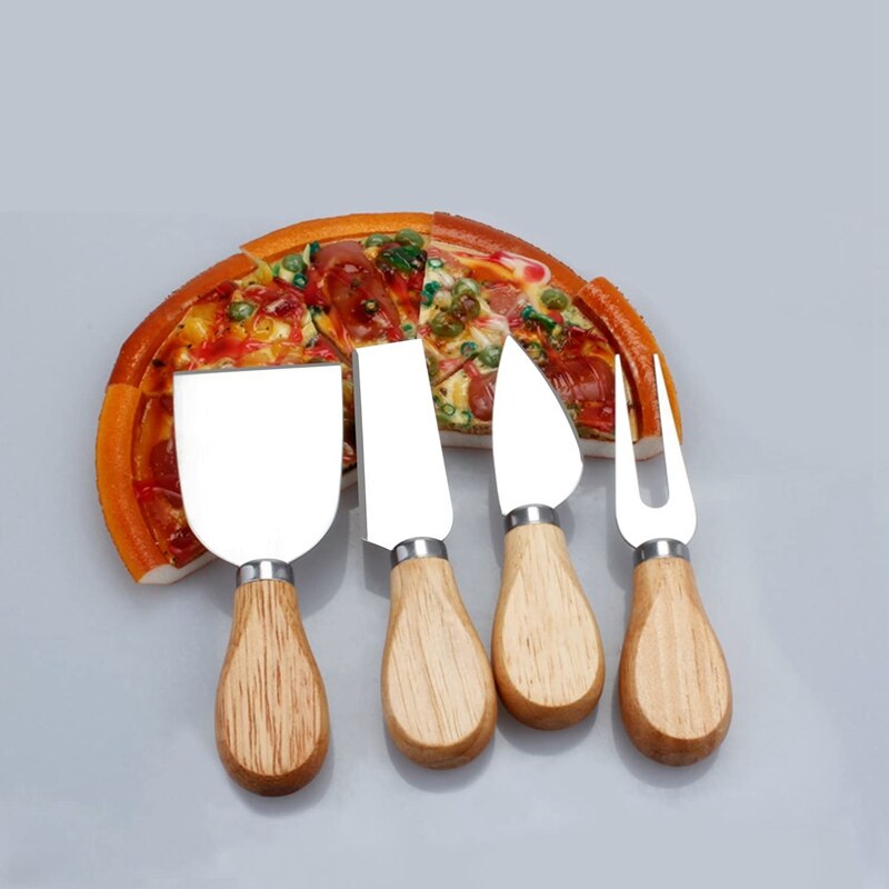 Set van 4 kaasmessen met bamboe handvat, kaasschaaf van roestvrij staal (bamboe handvat)