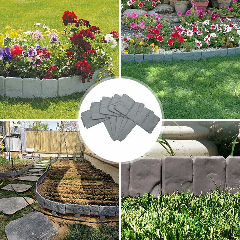 10pcs Gray And Brick Garden Fence Edging Cobbled Stone Effect Plastic Lawn Edging Plant Border Corrosion Lawn DIY Decoration