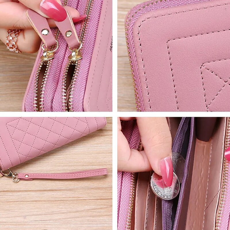 Podwójny długi portfel z zamkiem dla kobiet duża pojemność wysokiej jakości Pu skórzane portfele saszetka typu Clutch torebka Carteras Para Mujer