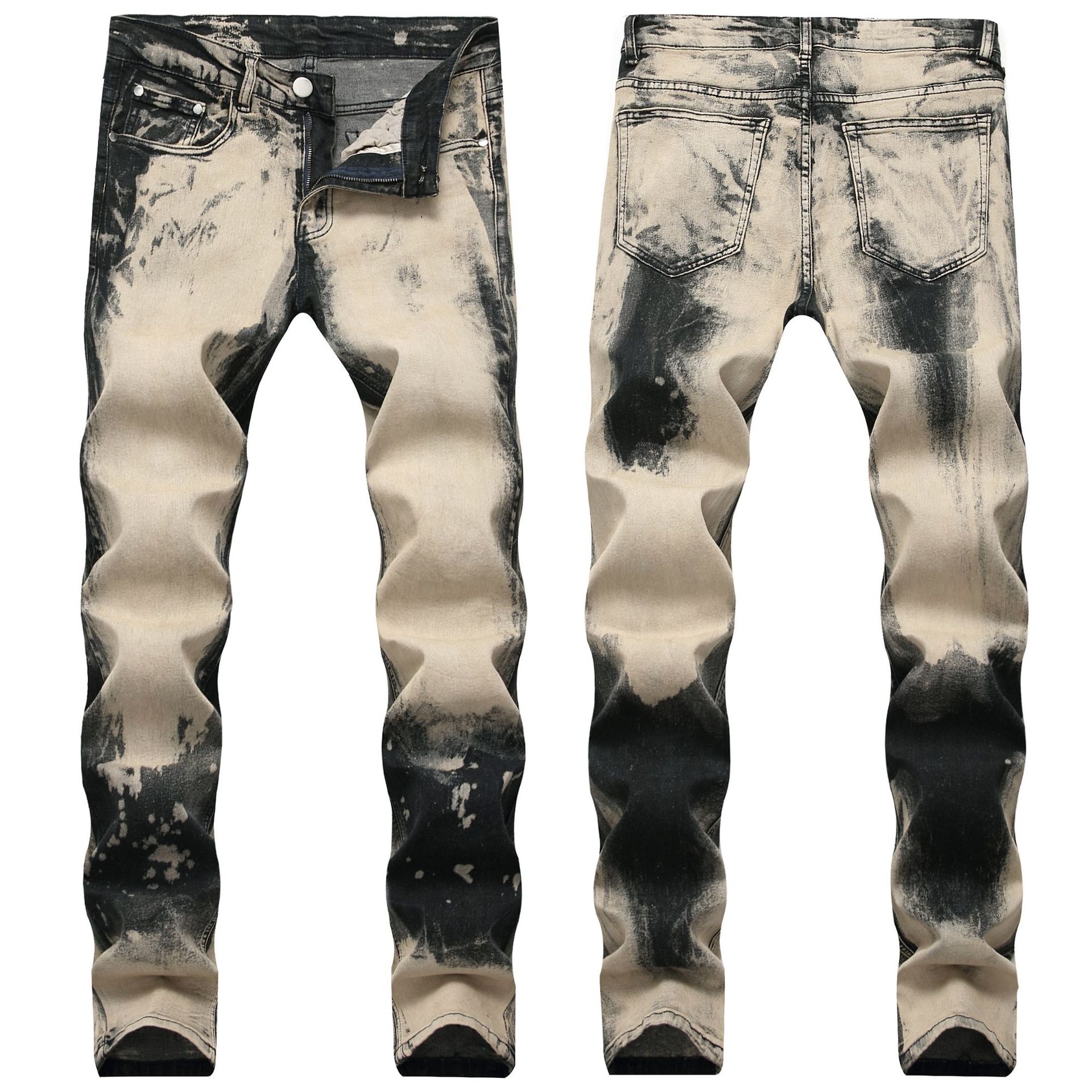 Men's tie dye slim stretch jeans Plus size washed denim pants: 32
