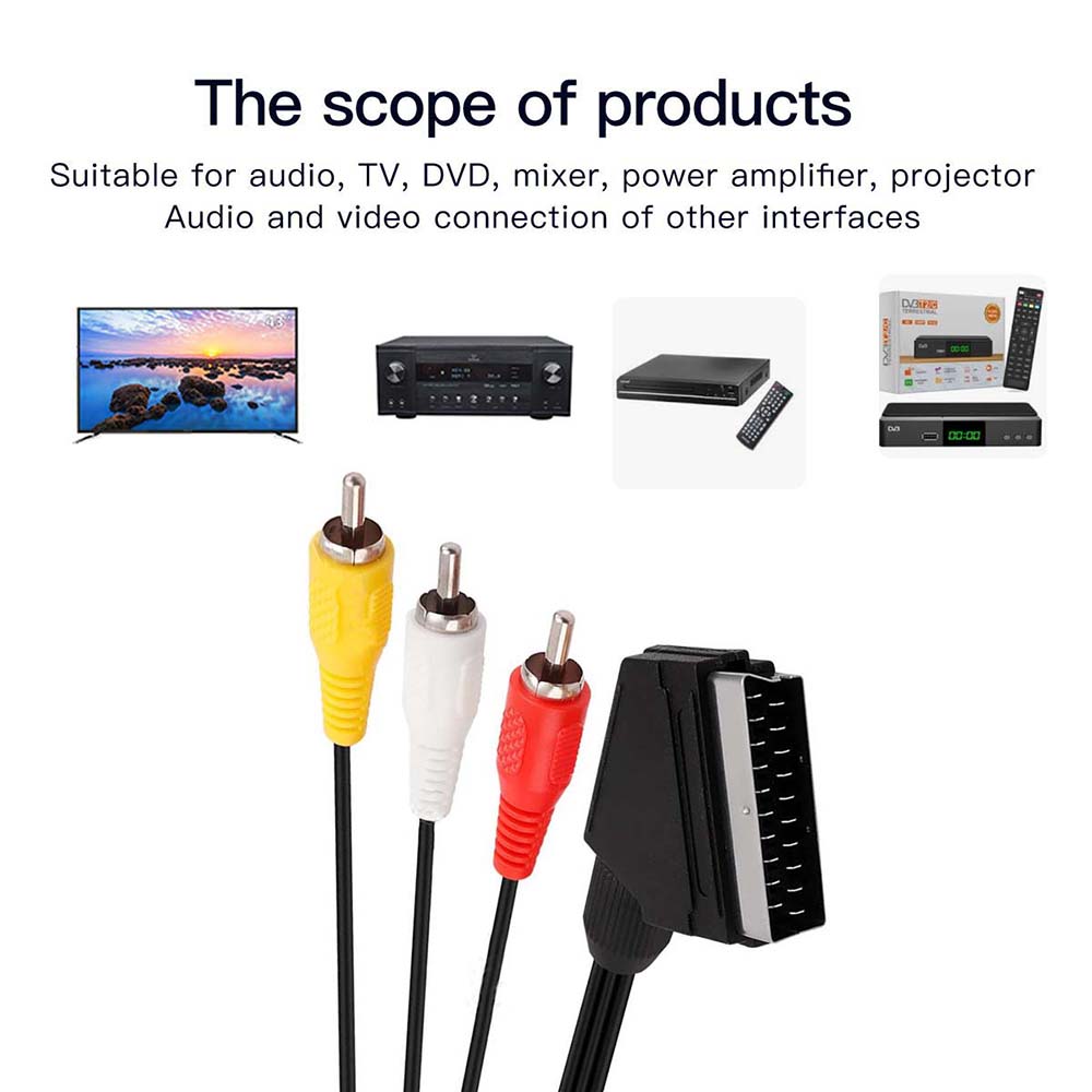 Euro Scart Cable Composite AV to Scart Adapter Cable Composite Video 3-RCA Plugs to 21-PIN Scart Plug Cable AV in to Scart out