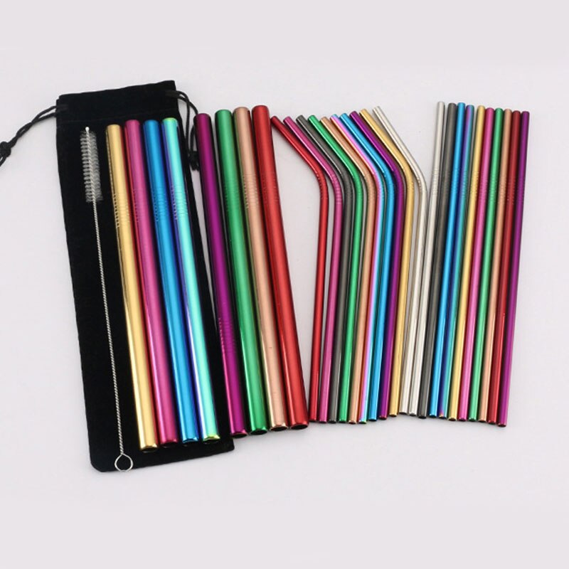 5PCS Reusable Metal Straw Eco Friendly 304 Stainless Steel Straw Cleaning Brush Pink Drinking Straws Bubble Tea Bag Pouch Set
