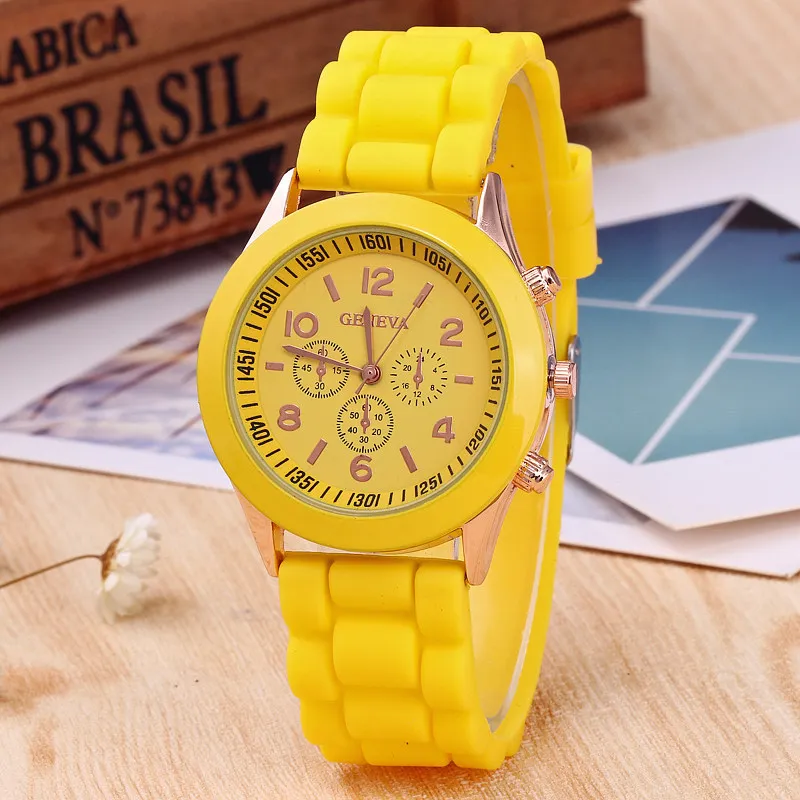 Brand Geneva Ladies Watch Student Silicone Strap Quartz Wristwatch for Women Clock Relogio Feminino: Yellow