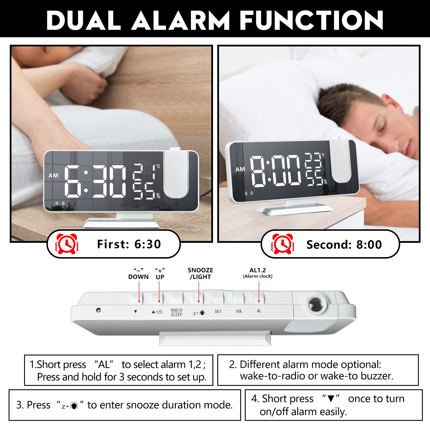 Reloj Digital de despertador con efecto espejo y luz LED para mesilla de noche y dormitorio, Despertador con USB, Radio FM, proyector de tiempo, reloj para mesilla de noche y dormitorio
