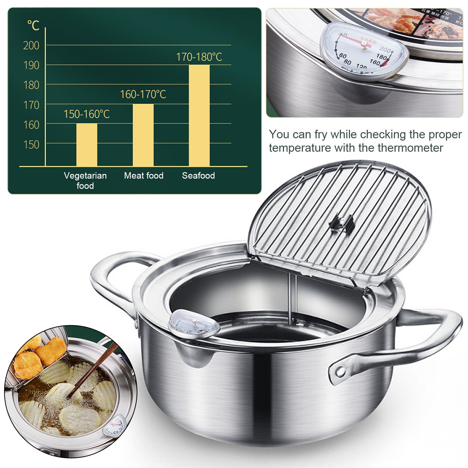 Olla para freír y freír platos y sartenes de acero inoxidable, olla para freír, Tempura, Control de temperatura