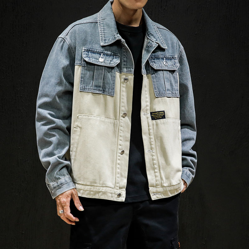 stitching denim jacket, layered stitching loose youth street Cargo jeans jacket coat hip-hop big size 5XL