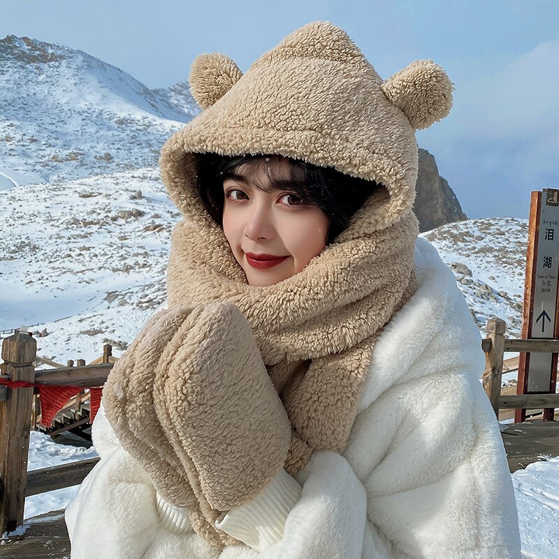 INS Bear – ensemble de gants et écharpes en peluche pour femme, chapeau et décontracté, en molleton solide, accessoires Kawaii, nouveauté hiver: Beige 3Pcs suit