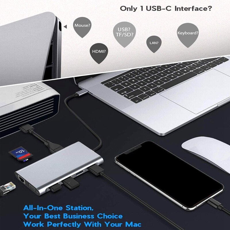 11 w 1 stacja dokująca USB C Adapter, Hub USB C, z VGA, porty USB 3.0, typ C PD, SD/czytnik kart TF, dla Pro