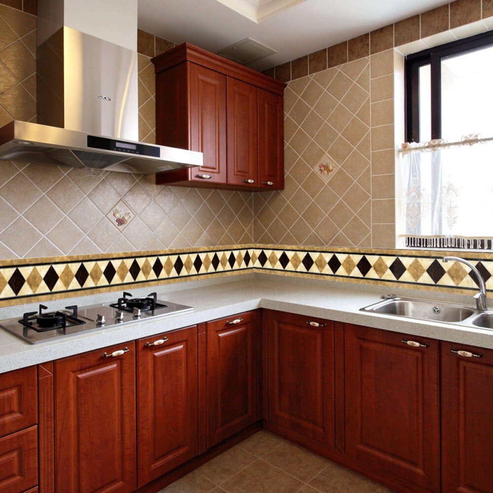 1 Pc Wallpaper Border Sticker Waterproof Self Adhesive Simulation Tiles Waist Line Wall Sticker Floral Sticker