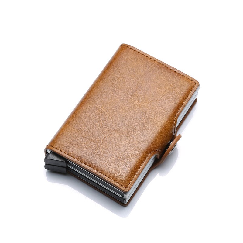 Dobbeltlag anti rfid mænd læder kreditkortholder metal id-kortholder aluminiumskortbeskyttelse mandlig rejsepung: Rødbrun