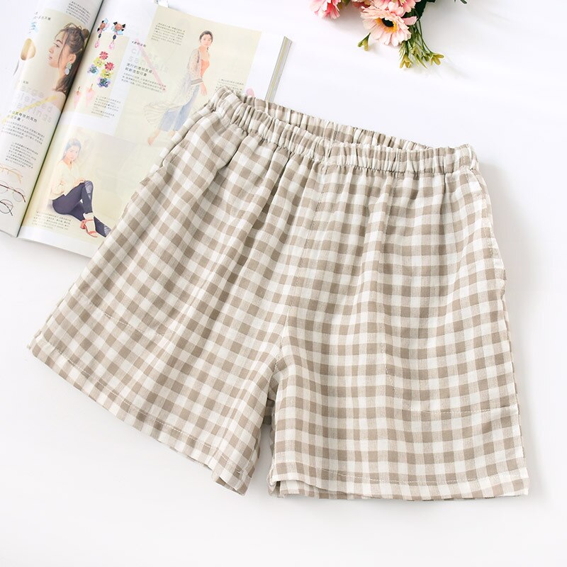 Cuplu de vară pantaloni scurți în carouri tifon de bumbac pantaloni subțiri de pijama îmbrăcăminte de dormit pentru femei pantaloni de noapte pantaloni de noapte: Femela maro / M