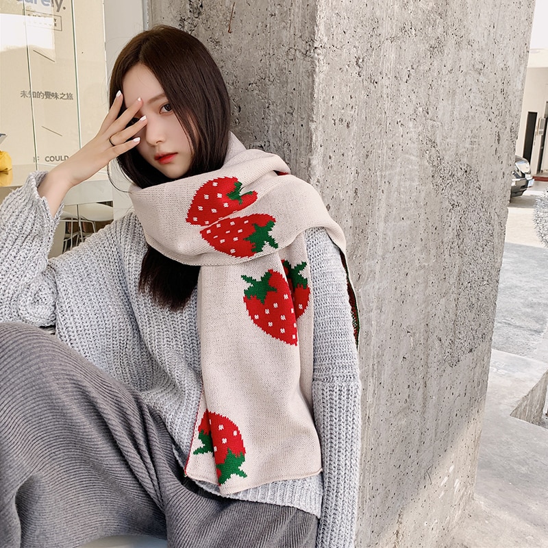 Koreansk efterår og vinter tørklæde mænd og kvinder par langt stort blødt udendørs tørklæde varmt jordbærprint udendørs sjal