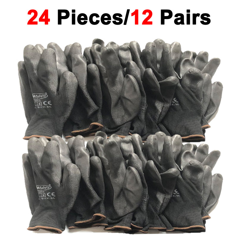 24 piezas/12 pares de guantes de seguridad para el trabajo de protección Industrial guantes de algodón de nailon Pu negro con NMSafety para jardín todos los tamaños