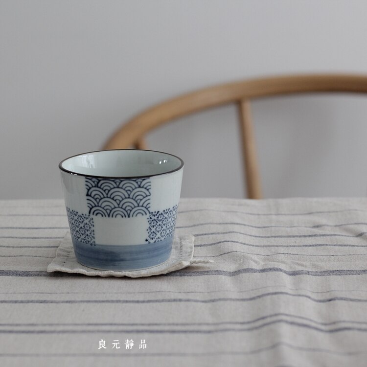 Japansk stil keramisk tekopp bovete nudelkopp handmålad blåfärgad kaffekopp kinesisk blå och vit porslinstekopp
